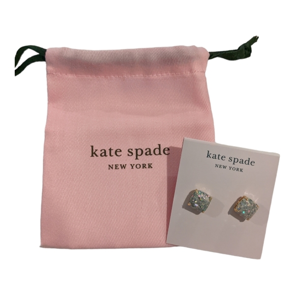 Kate Spade New York Square Stud Earrings Opal Glitter Gold NEW W/ Pink Bag